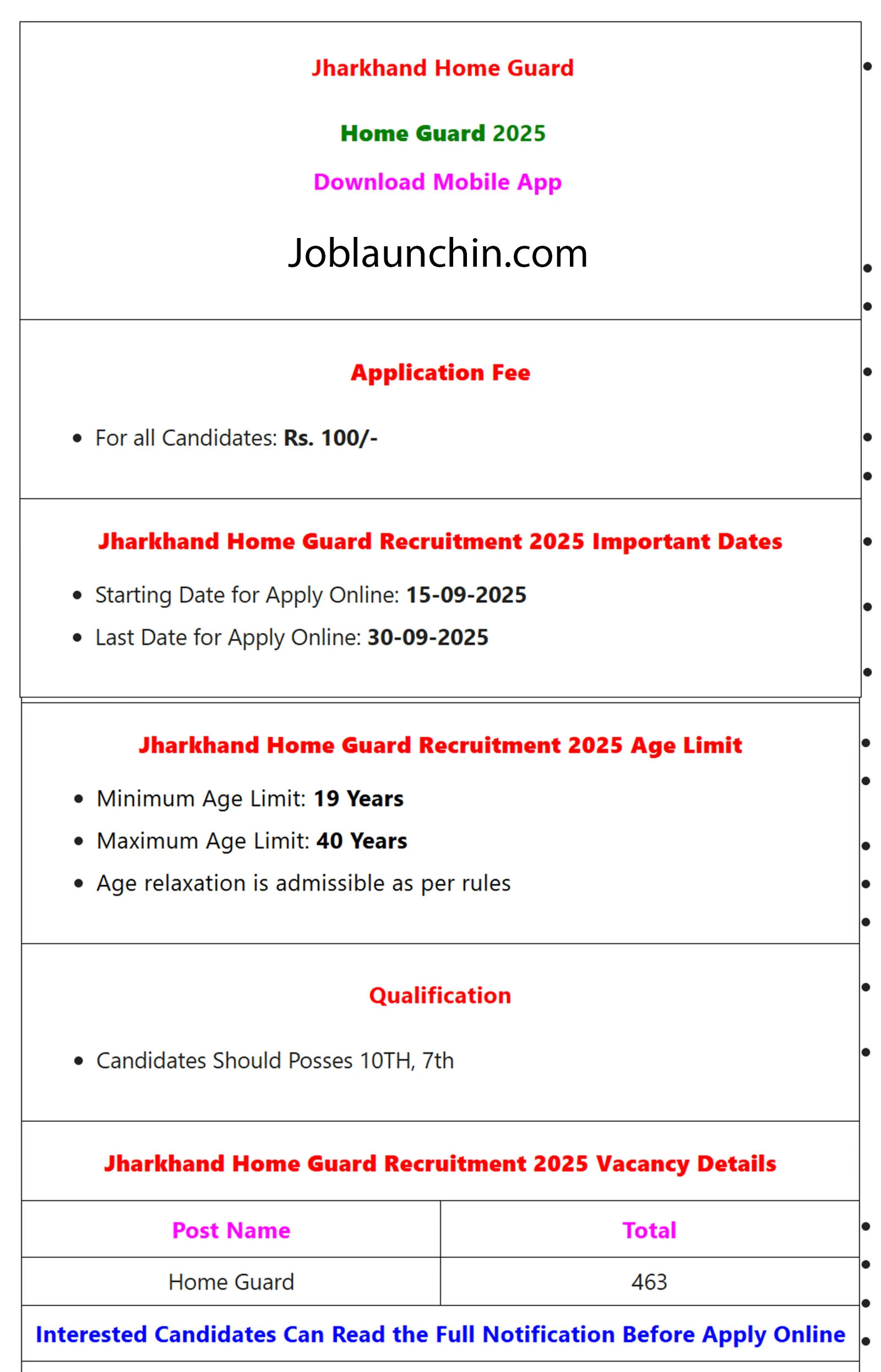 Announcement for Recruitment of Jharkhand Home Security Guard 2025