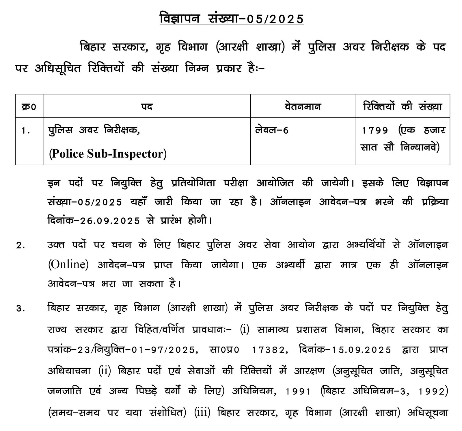 Bihar Police SI Recruitment Notice 2025