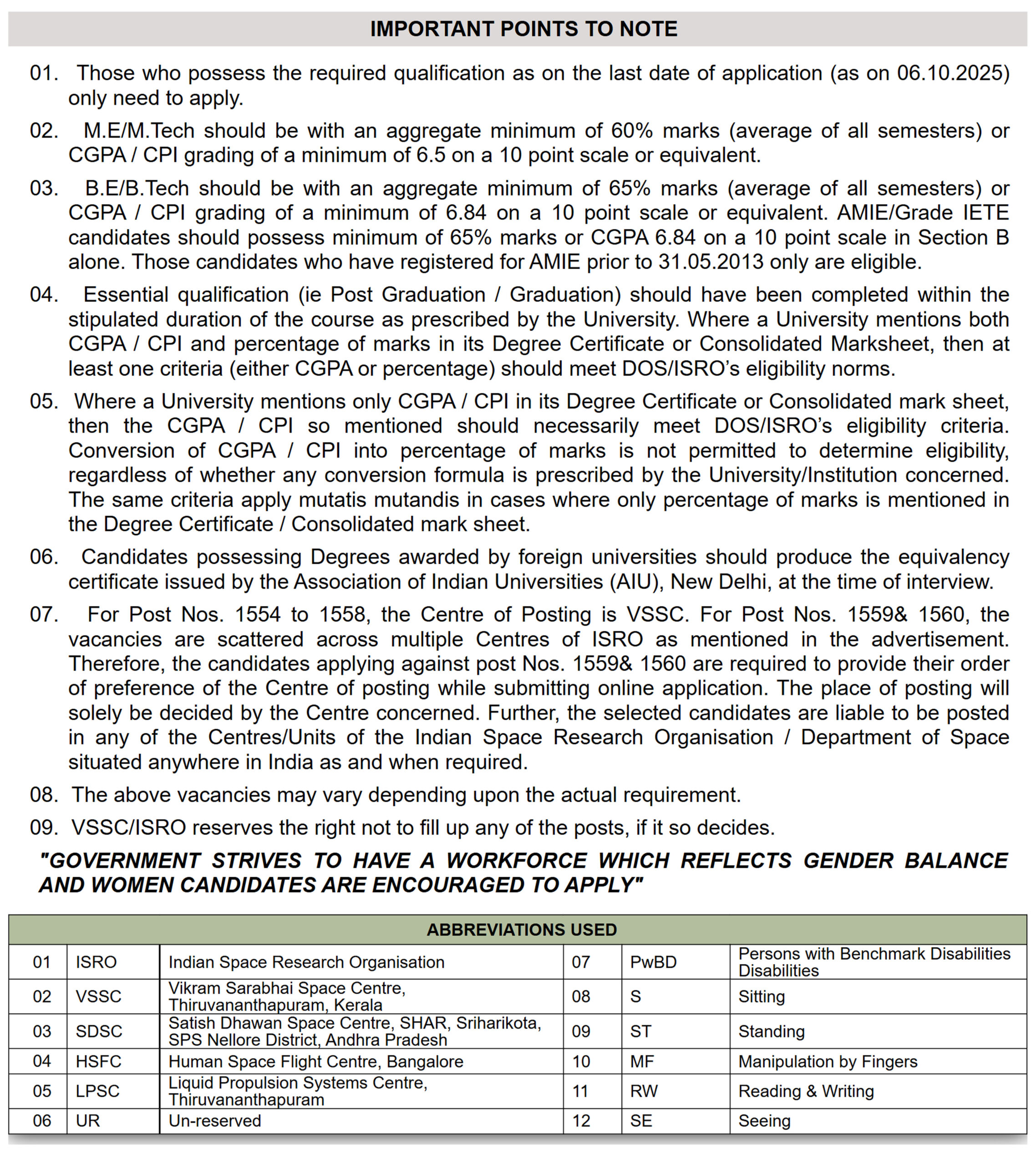 ISRO VSSC Scientist and Engineer Recruitment 2025 IMPORTANT POINTS TO NOTE