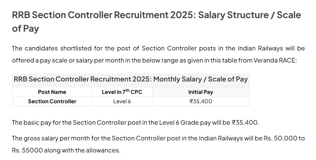 RRB section controller recruitment 2025 salary Structure