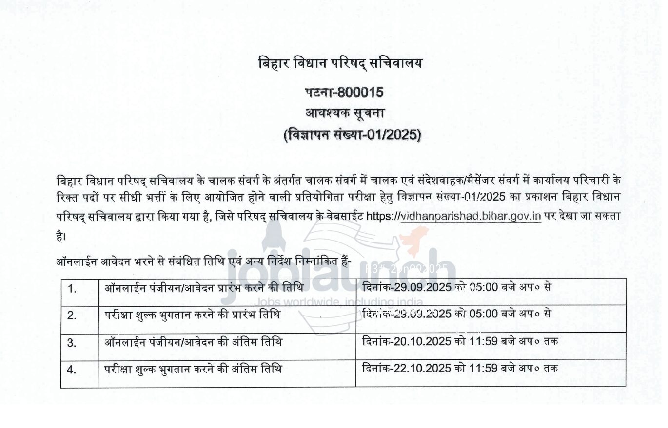 Bihar Vidhan Parishad Recruitment 2025