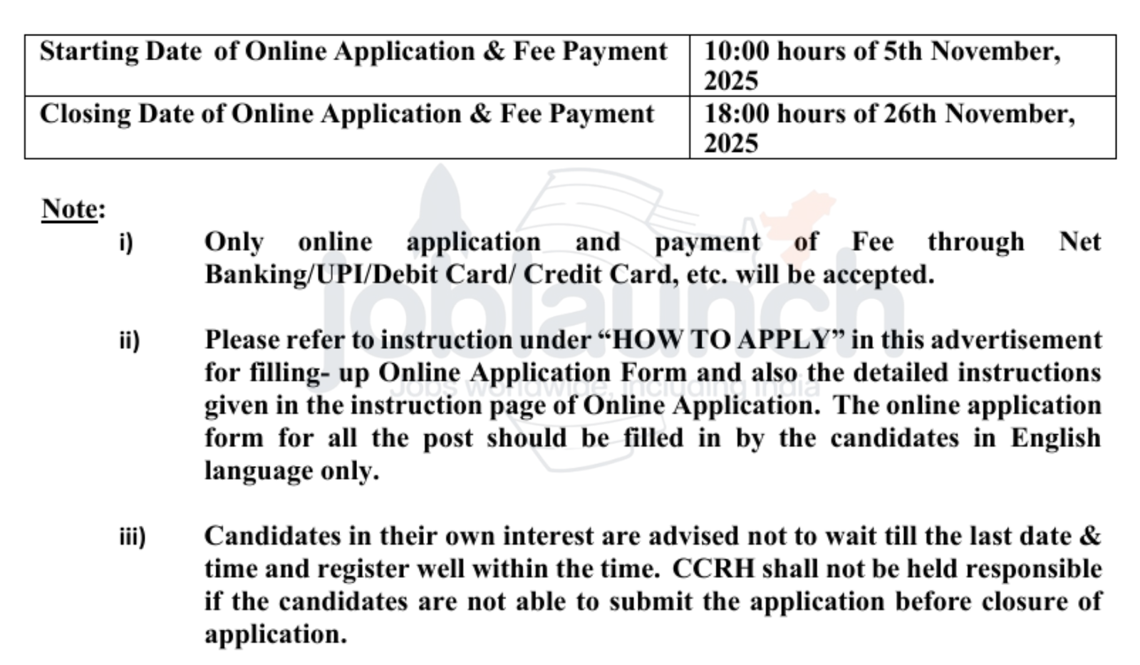 Group A, B & C CCRH Recruitment 2025