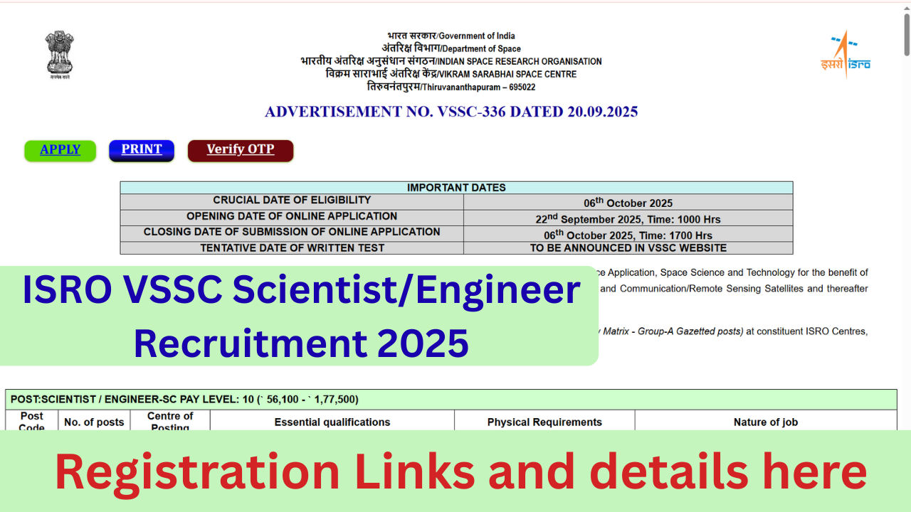 ISRO VSSC ScientistE/ngineer Recruitment 2025, Registration Links and details here